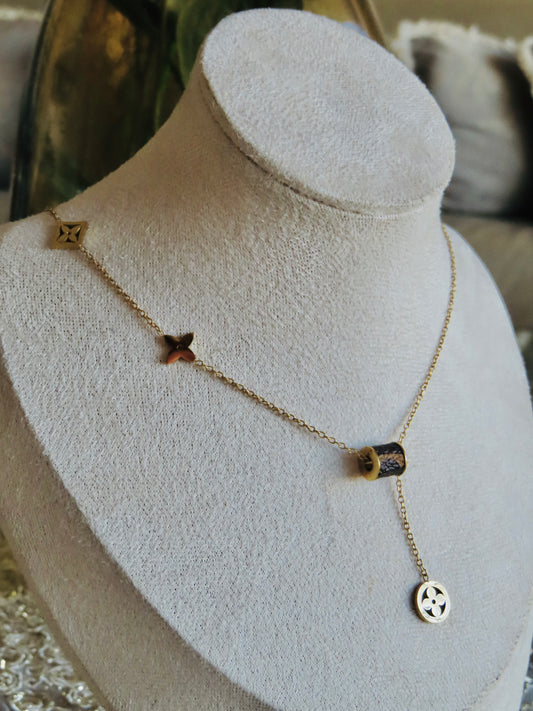 LV Brown Barrel Drop Necklace (Tarnish Free)