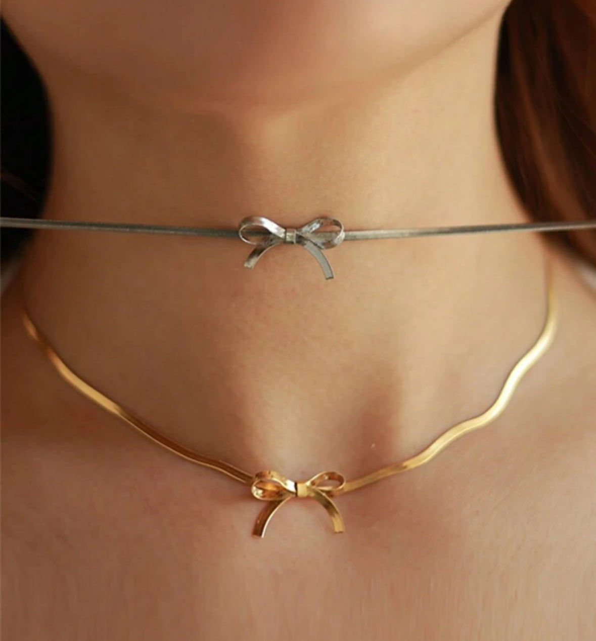 Herringbone Bow Necklace (18K Plated, Tarnish Free)