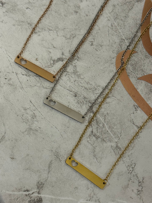 Engraving HEART Horizontal Bar Necklace (Tarnish Free)